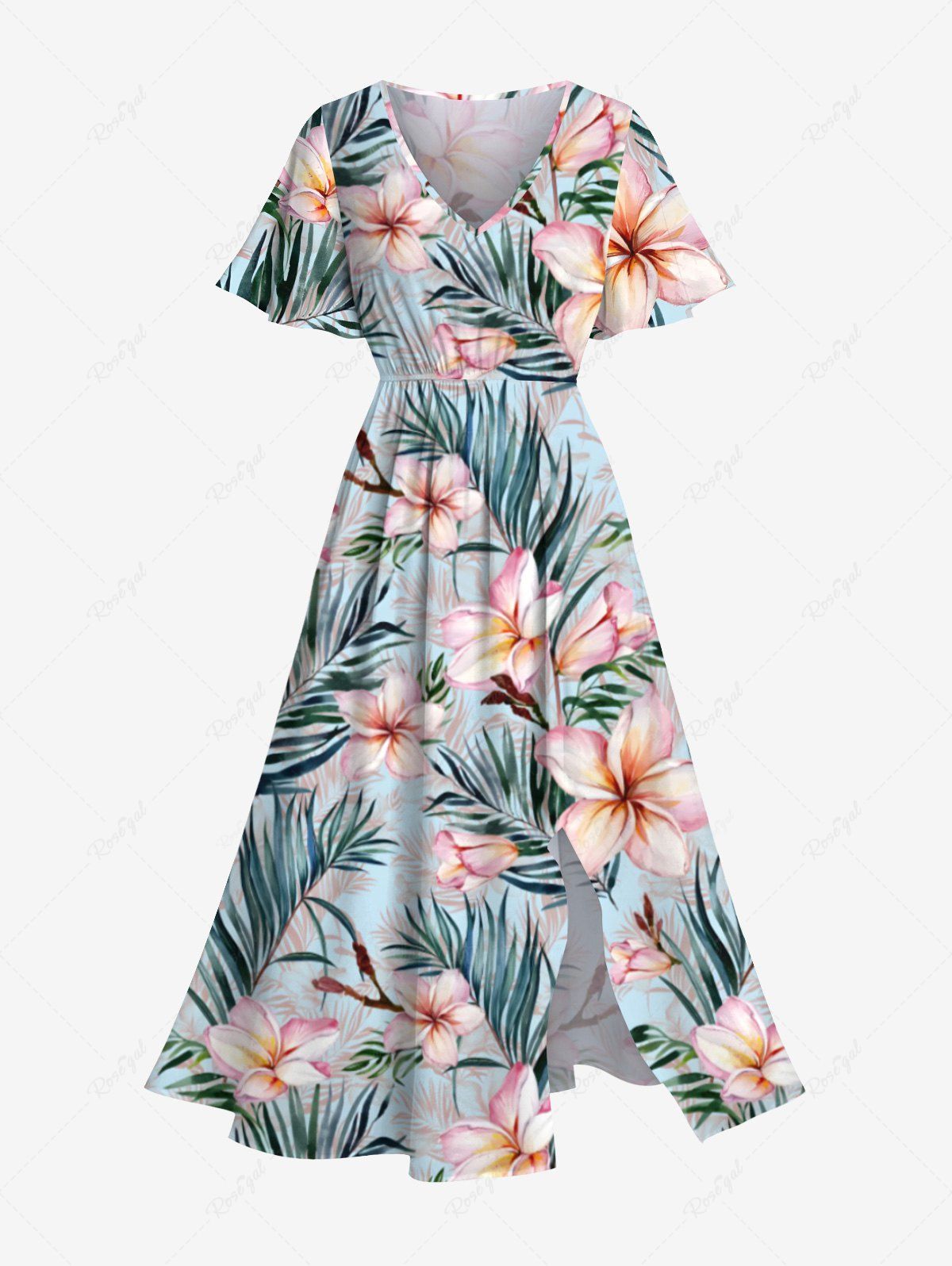 Shops Plus Size Tropical Flowers Leaf Print Split Hawaii Midi Dress  