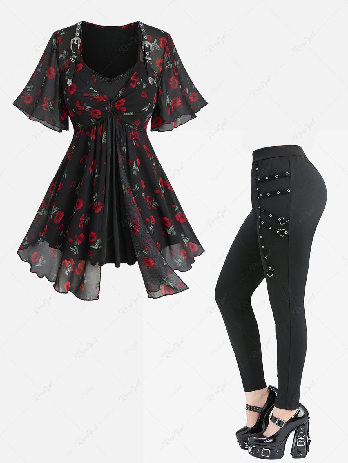 Shop Floral Leaf Print Twist 2 in 1 Blouse and Straps Grommet Skinny Leggings Plus Size Outfit  