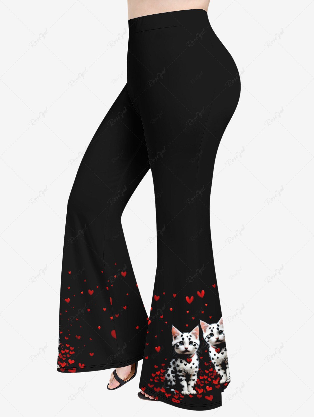 Pantalon Evasé Chat Imprimé de Grande Taille Noir S
