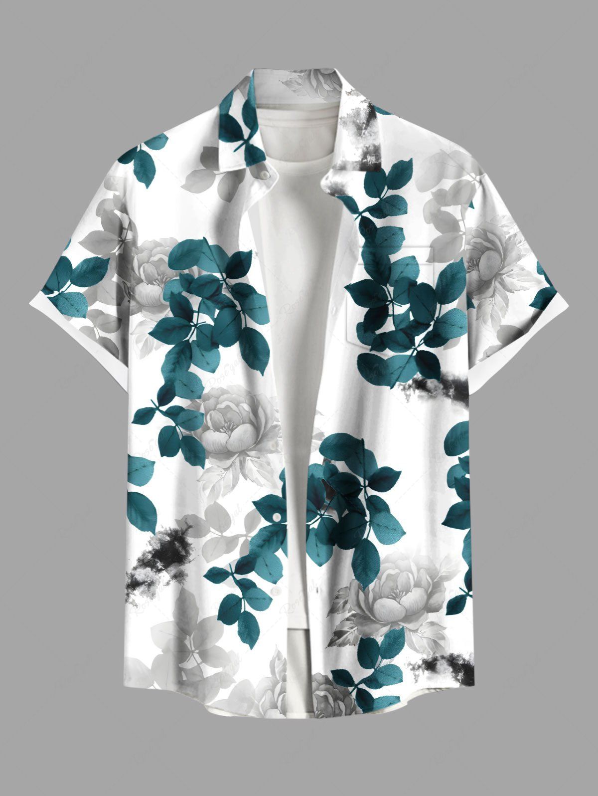 Shop Plus Size Rose Flower Leaf Branch Print Hawaii Ombre Button Pocket Shirt For Men  