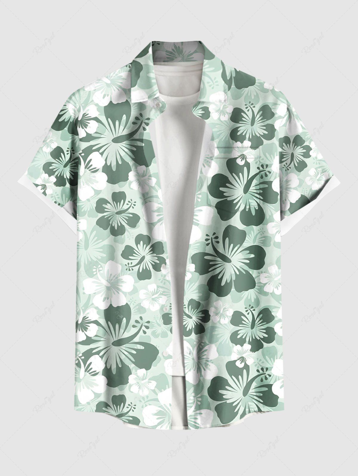 New Plus Size Ombre Hibiscus Flower Print Hawaii Button Pocket Shirt For Men  