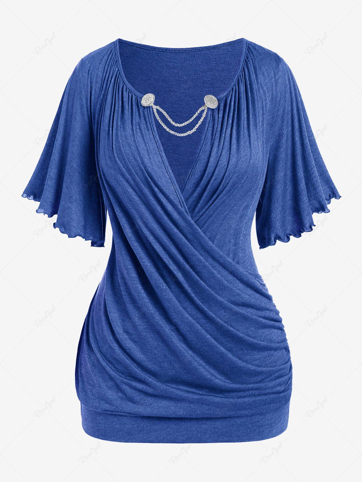 Online Plus Size Lettuce Ruched Chain Embellished Plunging Blouson Tee  