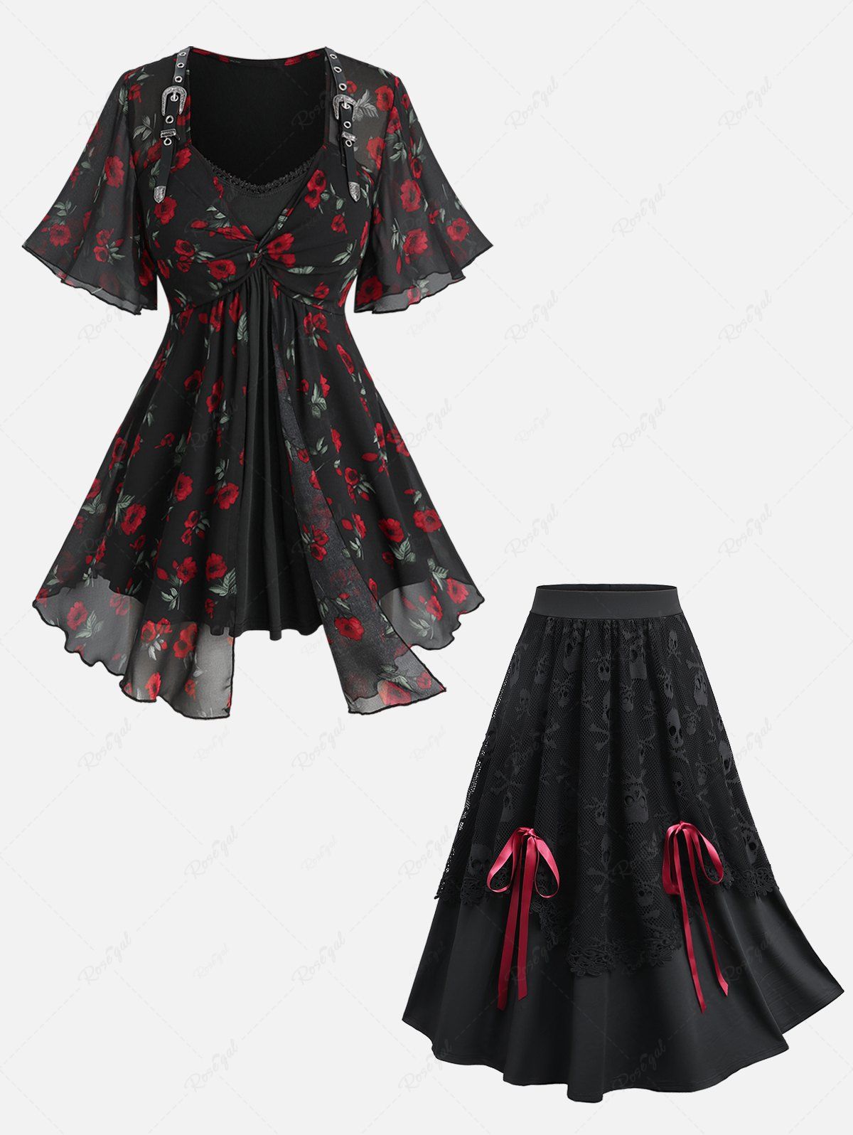 Hot Flower Leaf Print Twist 2 in 1 Blouse and Skull Mesh Bowknot Tied A Line Skirt Plus Size Outfit  