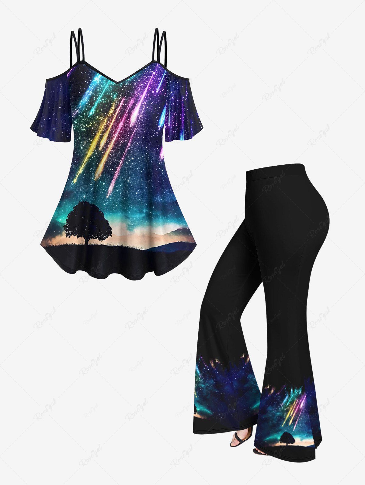 Buy Colorful Glitter Meteor Shower Ombre Galaxy Print Hawaii T-shirt and Flare Pants Plus Size Matching Set  