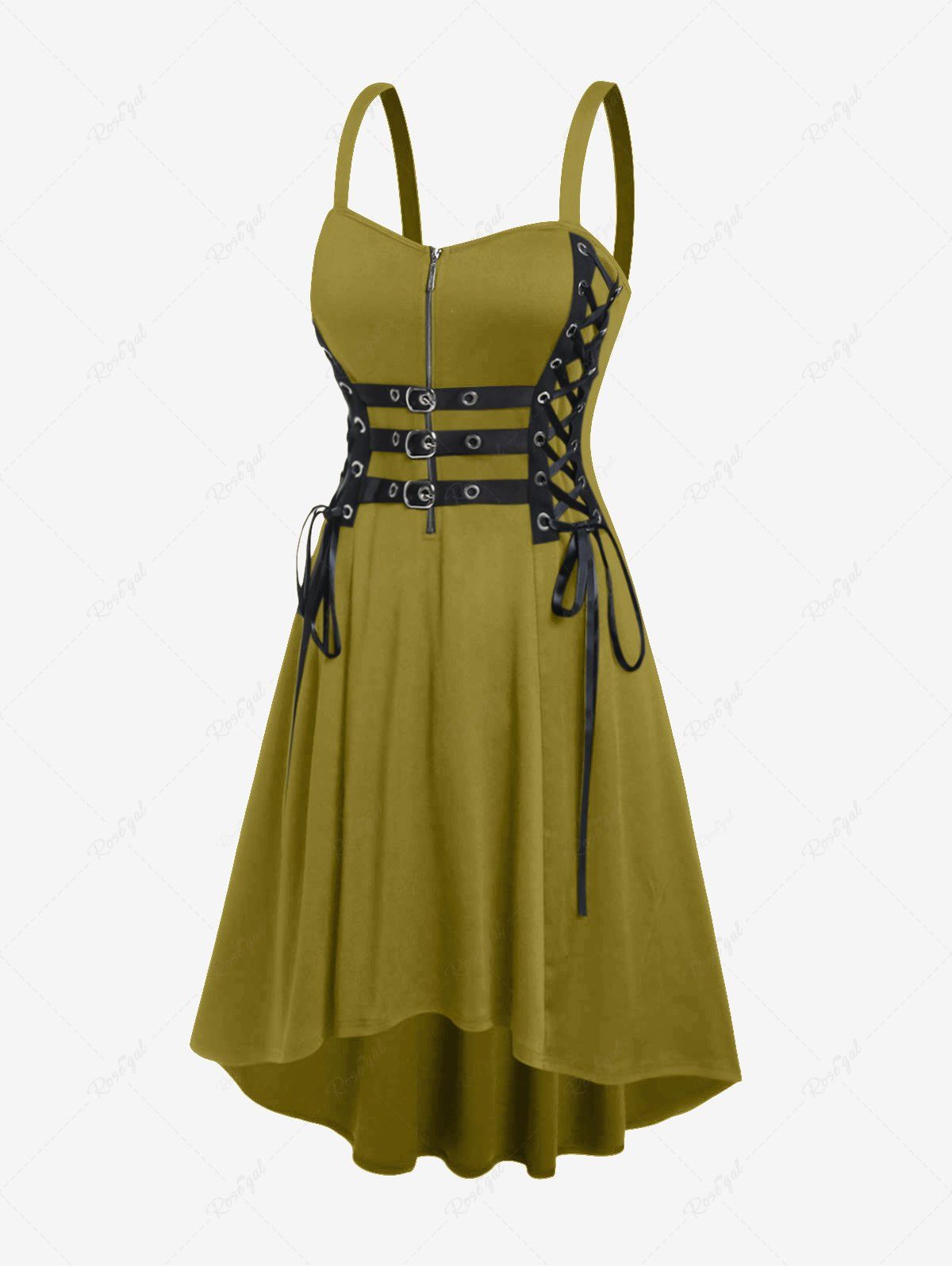 Buy Plus Size Grommets Lace Up Buckles Zipper High Low Midi Dress  