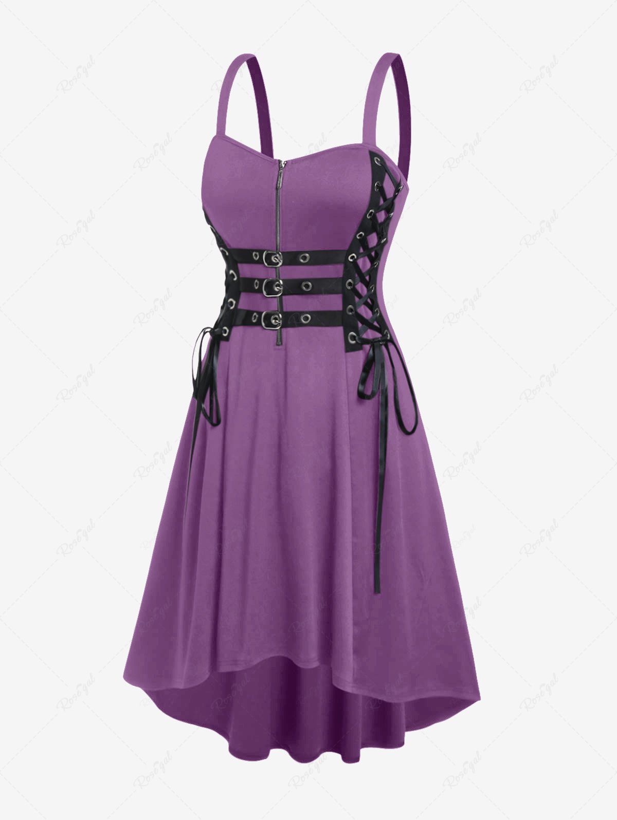 Buy Plus Size Grommets Lace Up Buckles Zipper High Low Midi Dress  