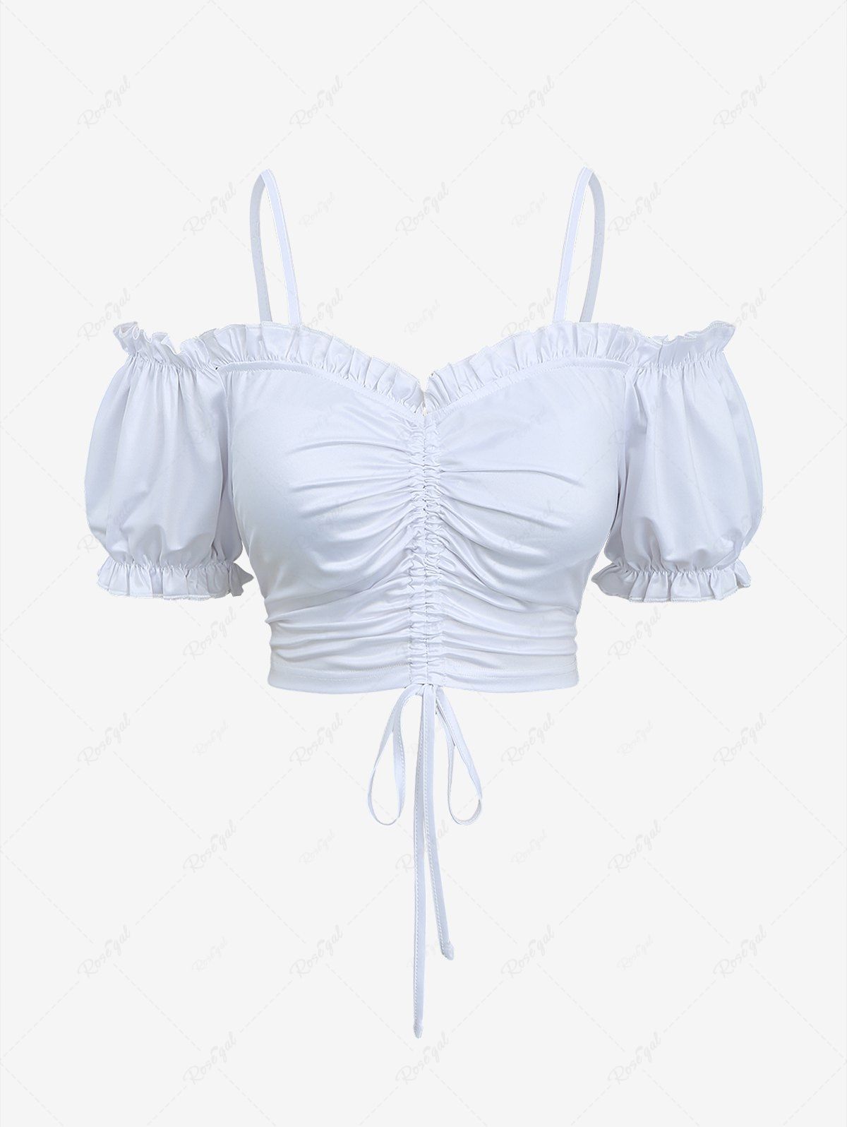 Haut Court à Bretelle en Couleur Unie à Epaule Dénudée à Manches Bouffantes de Grande Taille à Volants Blanc 8X