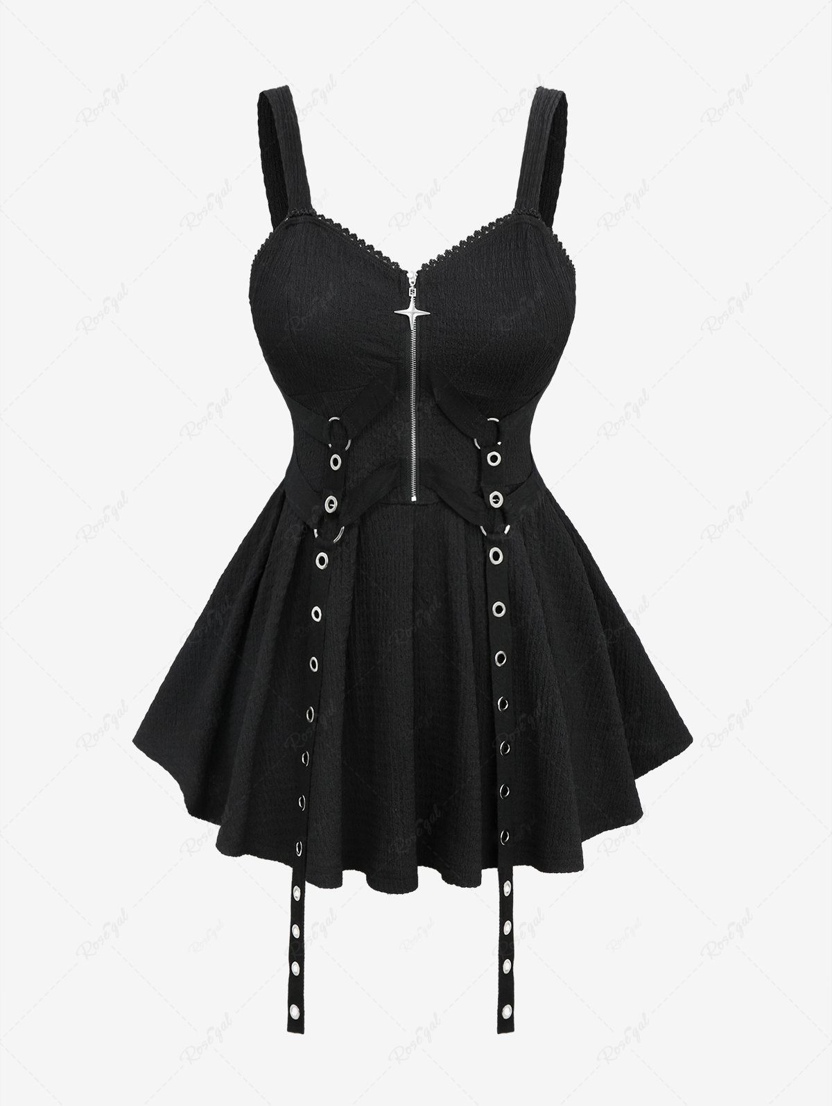 Fashion Plus Size Grommets Straps Star Zipper Lace Trim Plisse Tank Top  