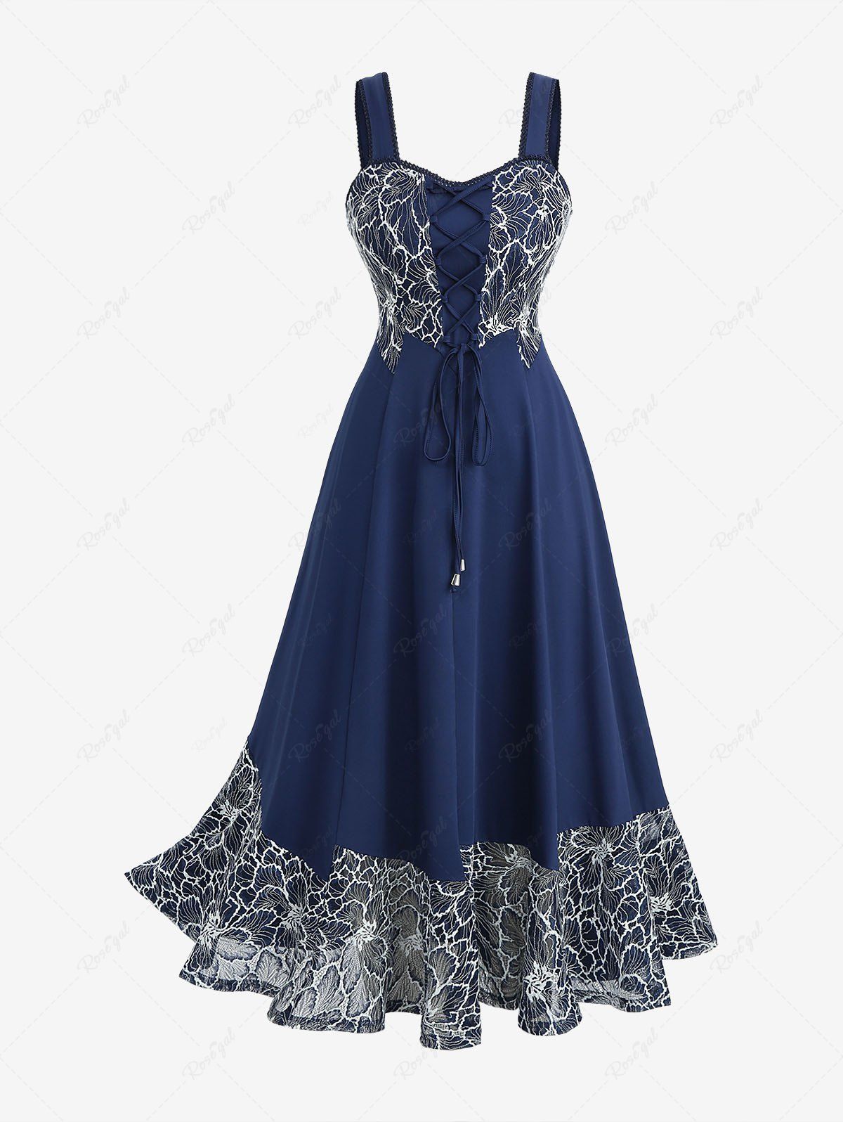 Robe débardeur grande taille à empiècements à lacets et broderie florale, bordure en dentelle ajourée Bleu profond 5x | US 30-32