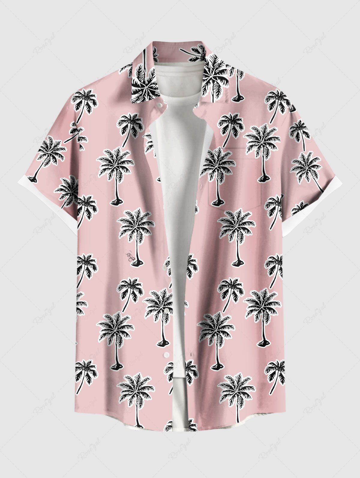 Affordable Plus Size Coconut Tree Print Buttons Pocket Hawaii Shirt For Men  
