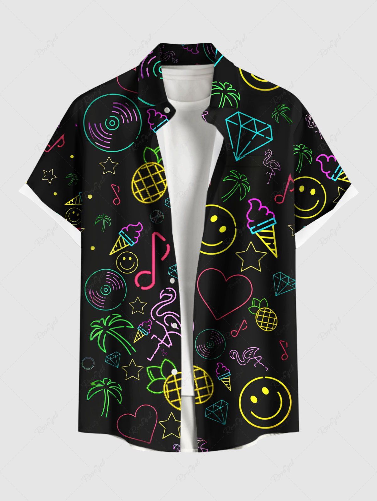 Hot Plus Size Pineapple Coconut Tree Flamingo Heart Diamond Print Buttons Pocket Hawaii Shirt For Men  