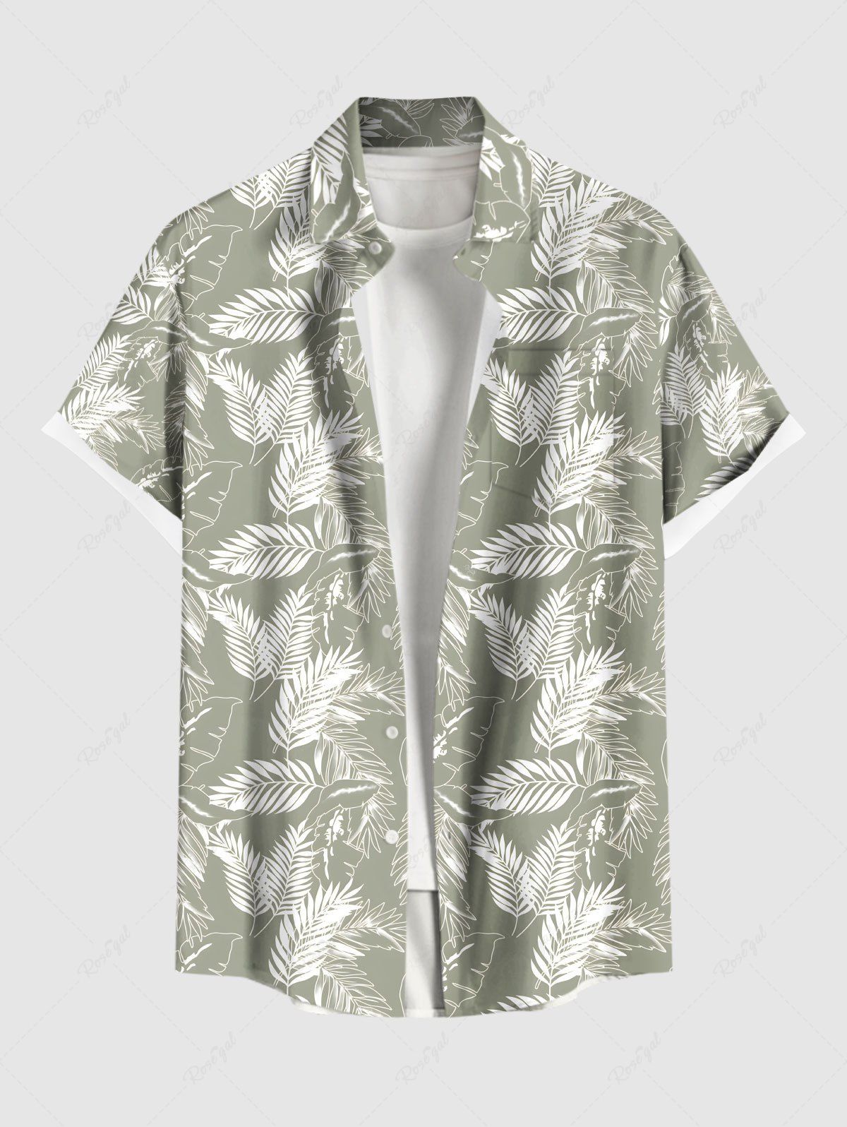 New Plus Size Tropical Leaf Print Buttons Pocket Hawaii Shirt For Men  