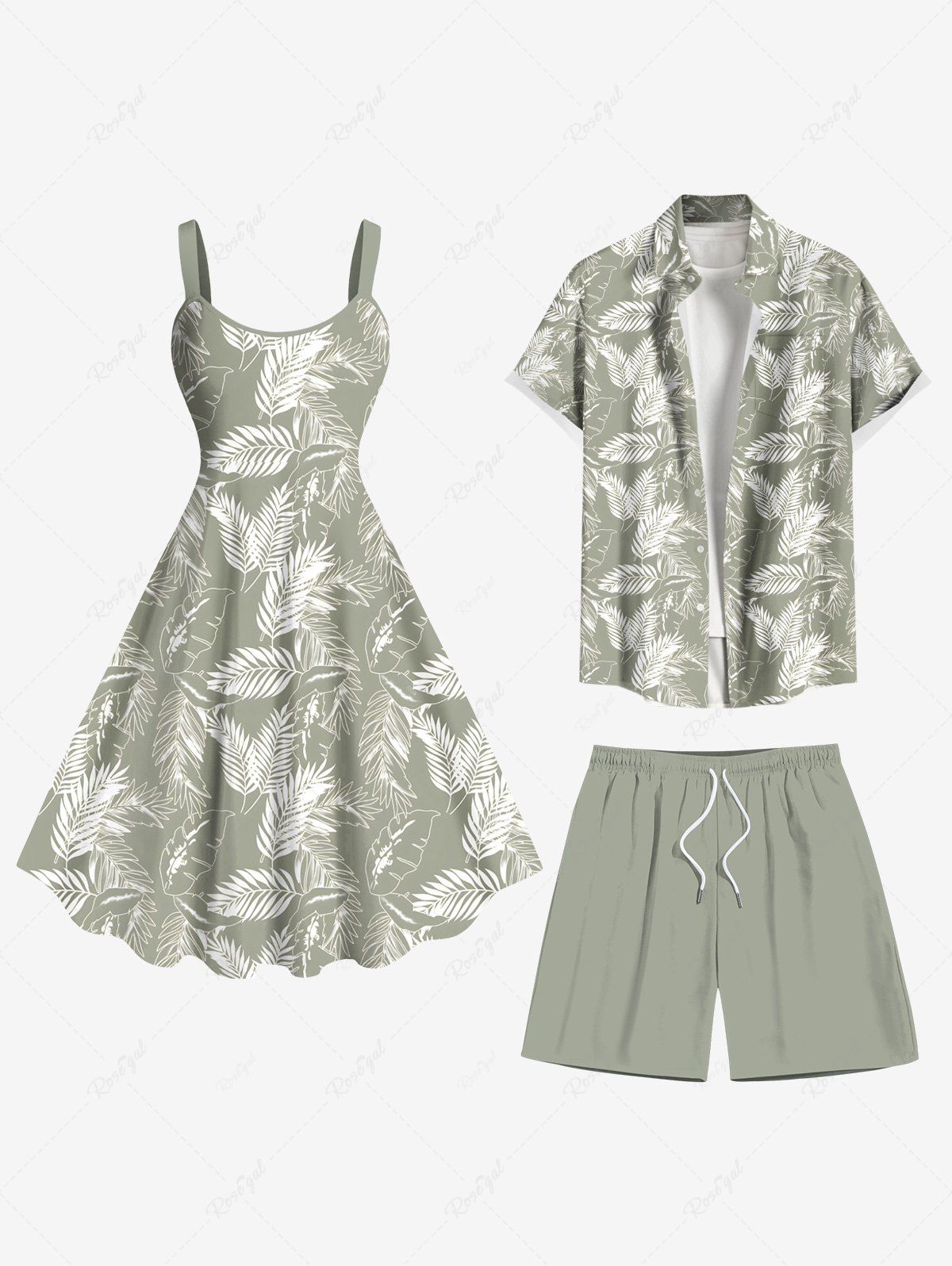 Sale Tropcal Leaf Print Plus Size Matching Hawaii Beach Outfit For Couples  