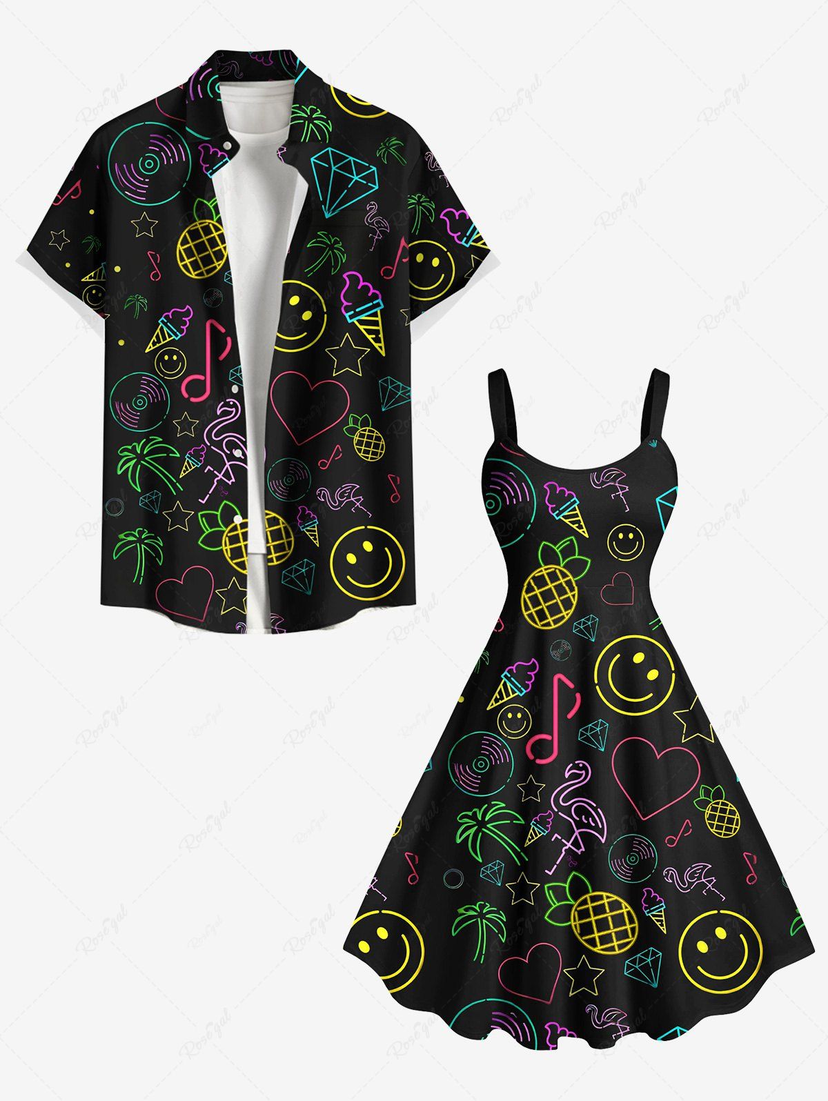 Short de Plage Hawaïen avec Diamant Cœur Flamant Imprimés de Grande Taille pour Couple Noir 