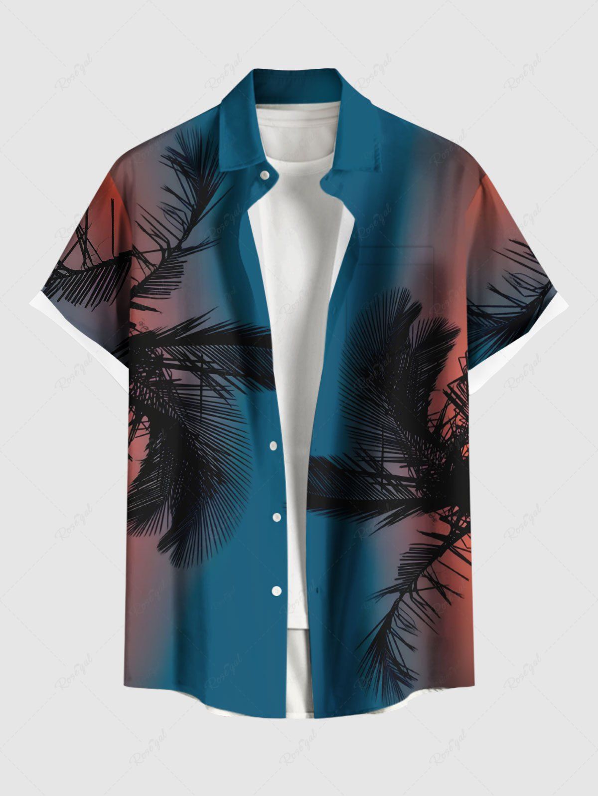 Sale Plus Size Tropical Leaf Coconut Tree Ombre Print Buttons Pocket Hawaii Shirt For Men  