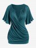 Plus Size Lettuce Ruched Chain Embellished Plunging Blouson Tee -  