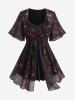 Floral Leaf Print Twist 2 in 1 Blouse and Straps Grommet Skinny Leggings Plus Size Outfit -  