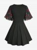 Flower Leaf Print Twist 2 in 1 Blouse and Skull Mesh Bowknot Tied A Line Skirt Plus Size Outfit -  