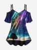 Colorful Glitter Meteor Shower Ombre Galaxy Print Hawaii T-shirt and Flare Pants Plus Size Matching Set -  