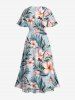 Robe Mi-Longue Hawaïen Fendue Fleur et Feuille Tropicale Imprimées de Grande Taille - Bleu clair XS