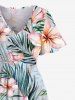 Robe Mi-Longue Hawaïen Fendue Fleur et Feuille Tropicale Imprimées de Grande Taille - Bleu clair XS