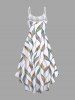 Robe Asymétrique à Bretelle Haute Basse Feuille Branche Imprimée en Blocs de Couleurs de Grande Taille - Blanc M