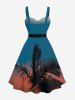 Plus Size Tropical Leaf Coconut Tree Ombre Print Buttons Turn Down Collar Hawaii Dress With Belt -  
