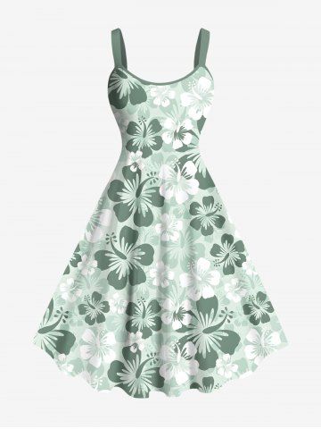 Plus Size Ombre Hibiscus Flower Print Hawaii A Line Tank Dress - GREEN - XS