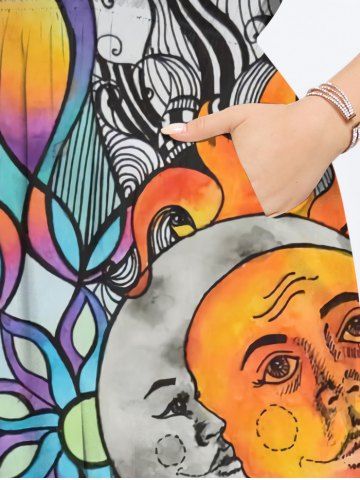 Plus Size Colorful Ombre Dreamcatcher Sun Moon Colorblock Print Split Pocket A Line Dress