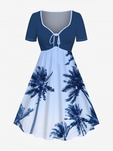 Plus Size Coconut Tree Ombre Sky Print Hawaii Cinched A Line Dress - BLUE - 6X