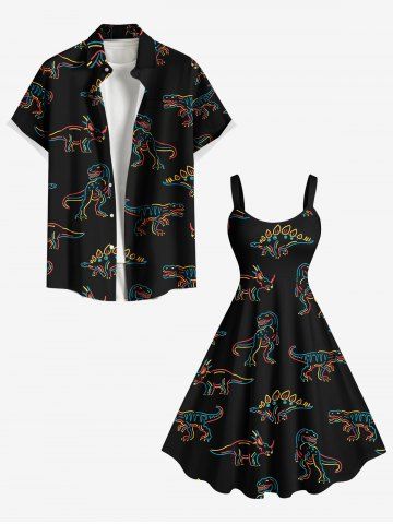 Stick Figure Dinosaur Print Plus Size Matching Hawaii Beach Outfit For Couples - BLACK