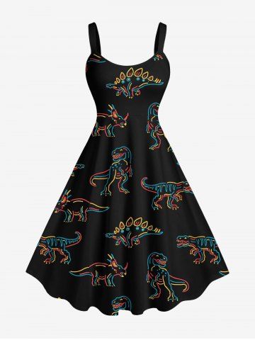 Plus Size Stick Figure Dinosaur Print Hawaii Tank Dress - BLACK - 2X