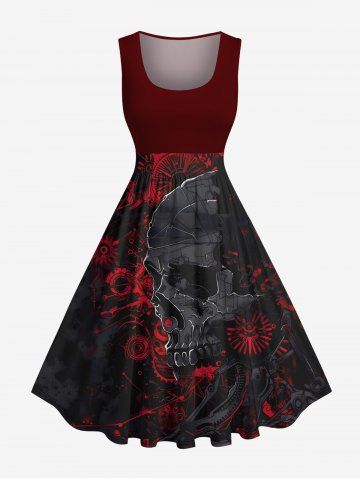 Plus Size Skull Galaxy Sun Print Hawaii 1950s Vintage Dress - BLACK - M