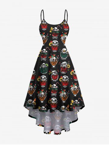 Plus Size Skulls Colorful Fruit Juice Print High Low Hawaii Cami Dress - BLACK - 1X