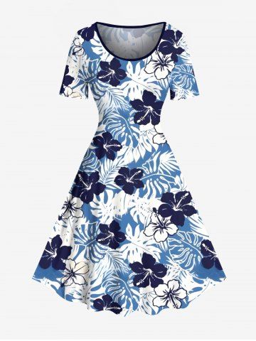 Plus Size Floral Tropical Leaves Print Hawaii A Line Dress - BLUE - 6X