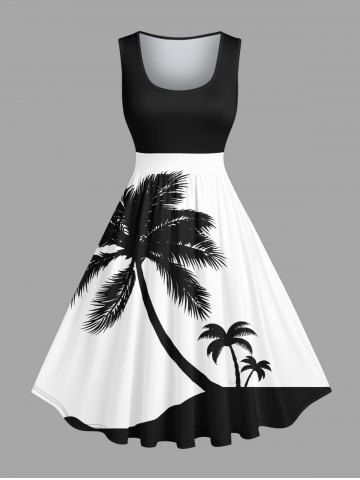 Robe trapèze vintage hawaïenne des années 1950 à imprimé bicolore de cocotiers, grande taille - BLACK - M