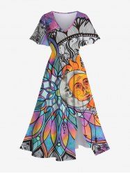 Plus Size Colorful Ombre Dreamcatcher Sun Moon Colorblock Print Split Pocket A Line Dress -  