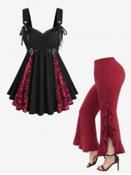 Haut texturé en maille fleurie floquée et pantalon bootcut à poches tressées à lacets, tenue grande taille - Noir 