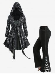 Rose Flower Printed Asymmetric Hooded Top and Split Lace Up Topstitching Pocket Flare Pants Plus Size Outfit -  