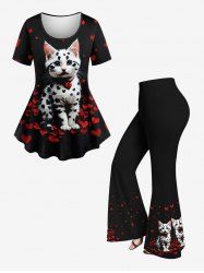 Ensemble de T-shirt Pétale de Chat Imprimé de Grande Taille et de Pantalon Evasé - Noir 