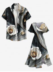 Tenue de Plage Tendance à Imprimé Roses et Galaxie Grande-Taille pour Couples - Noir 