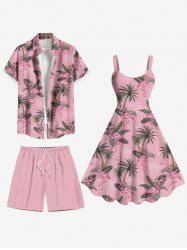 Coconut Tree Tropical Leaf Flamingo Print Plus Size Matching Hawaii Beach Outfit For Couples -  