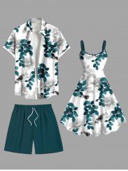 Rose Flower Leaf Branch Print Plus Size Matching Hawaii Beach Outfit For Couples -  