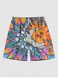 Plus Size Sun Moon Colorful Ombre Floral Colorblock Print Hawaii Drawstring Beach Shorts For Men -  