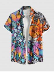 Plus Size Sun Moon Colorful Ombre Floral Colorblock Print Hawaii Button Pocket Shirt For Men -  