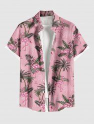 Plus Size Coconut Tree Tropical Leaves Flamingo Print Hawaii Button Pocket Shirt For Men -  