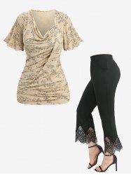 Mathematical Formula Print Cowl Neck T-shirt and Scalloped Tassel Flare Pants Plus Size Outfit -  