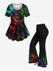 Colorful Fire Flame Print Plus Size Matching Set -  