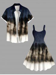 Ombre Colorblock Mountain Trees Print Plus Size Matching Hawaii Beach Outfit For Couples -  