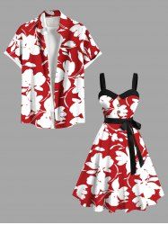 Flowers Leaf Print Plus Size Matching Hawaii Beach Outfit For Couples -  